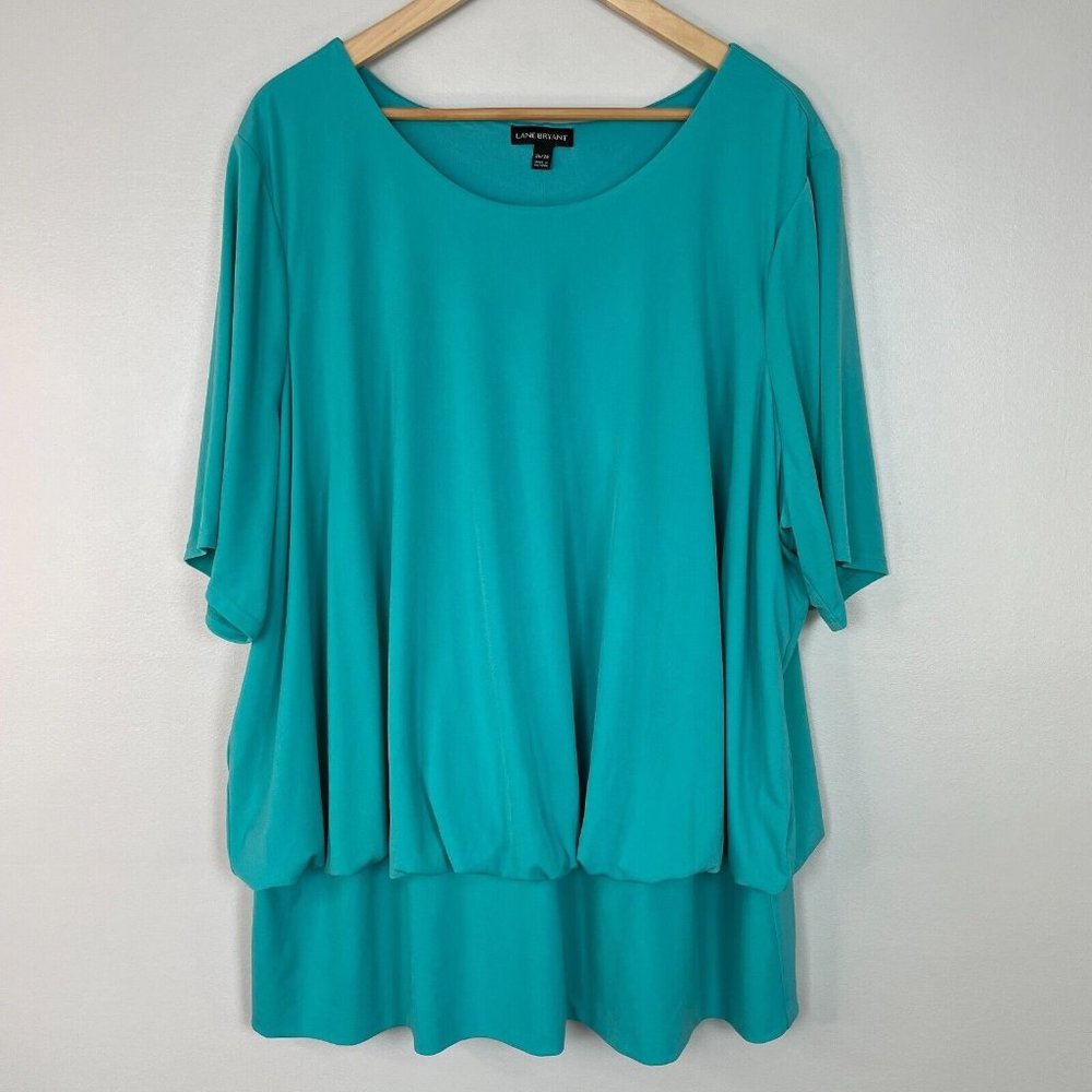 Lane Bryant Top 26/28 Turquoise Green Stretch Jersey Banded‎ Hem Blouse Women's